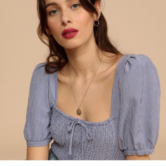 Rouje Tops - Rouje Katia Navy White Gingham Puff Sleeve Blouse